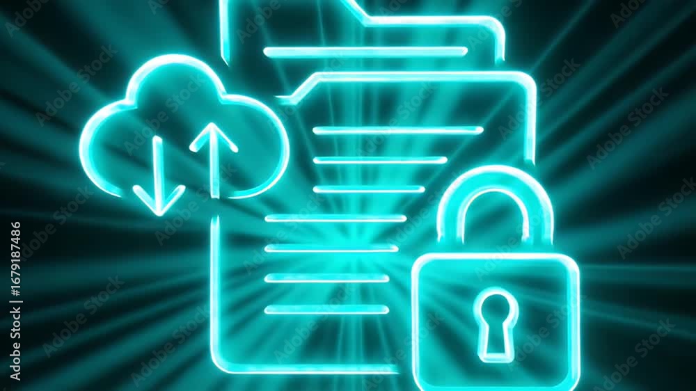 Poster digital data fortress: a digital illustration showcasing secure data transfer, symbolized by a glowi
