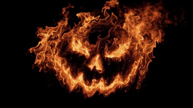 Close-up of outline of Halloween mouth, eyes and nose glowing with orange flames on black background. Silhouettes of burning face of carved pumpkin
