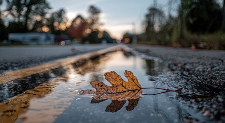 Autumn leaf resting in a puddle on a road