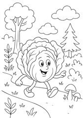 coloring book page of a cabbage hiking in the forest.