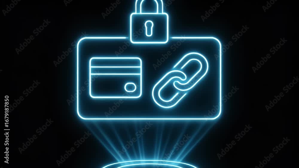 Poster digital security and data protection: illuminated padlock, credit card and link illuminate against a