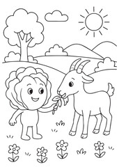 coloring book page of a cabbage feeding a goat on the farm.