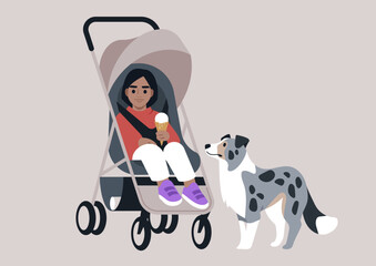 A child in a stroller is savoring ice cream, while a friendly dog stands nearby, creating a delightful moment of joy and connection between them on a serene day