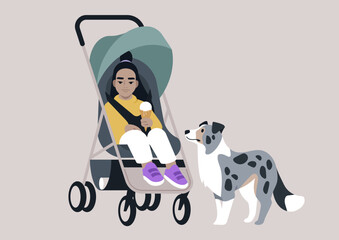 A child in a stroller is savoring ice cream, while a friendly dog stands nearby, creating a delightful moment of joy and connection between them on a serene day