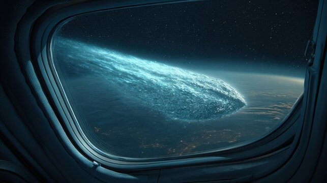 A comet observed from a spacecraft window, glowing with icy detail as its tail stretches across the cosmos, high-definition sci-fi style