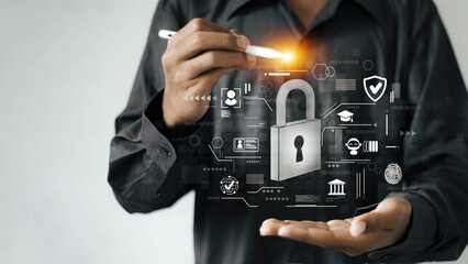 Hand with digital padlock hologram, cyber security technology, data privacy and secure network...