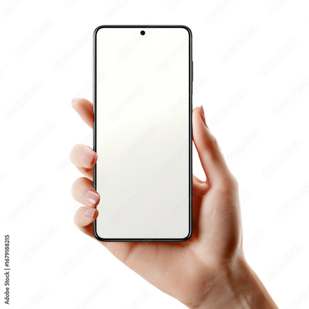 Poster elegant hand presenting a modern smartphone with a pristine display on transparent setting ideal