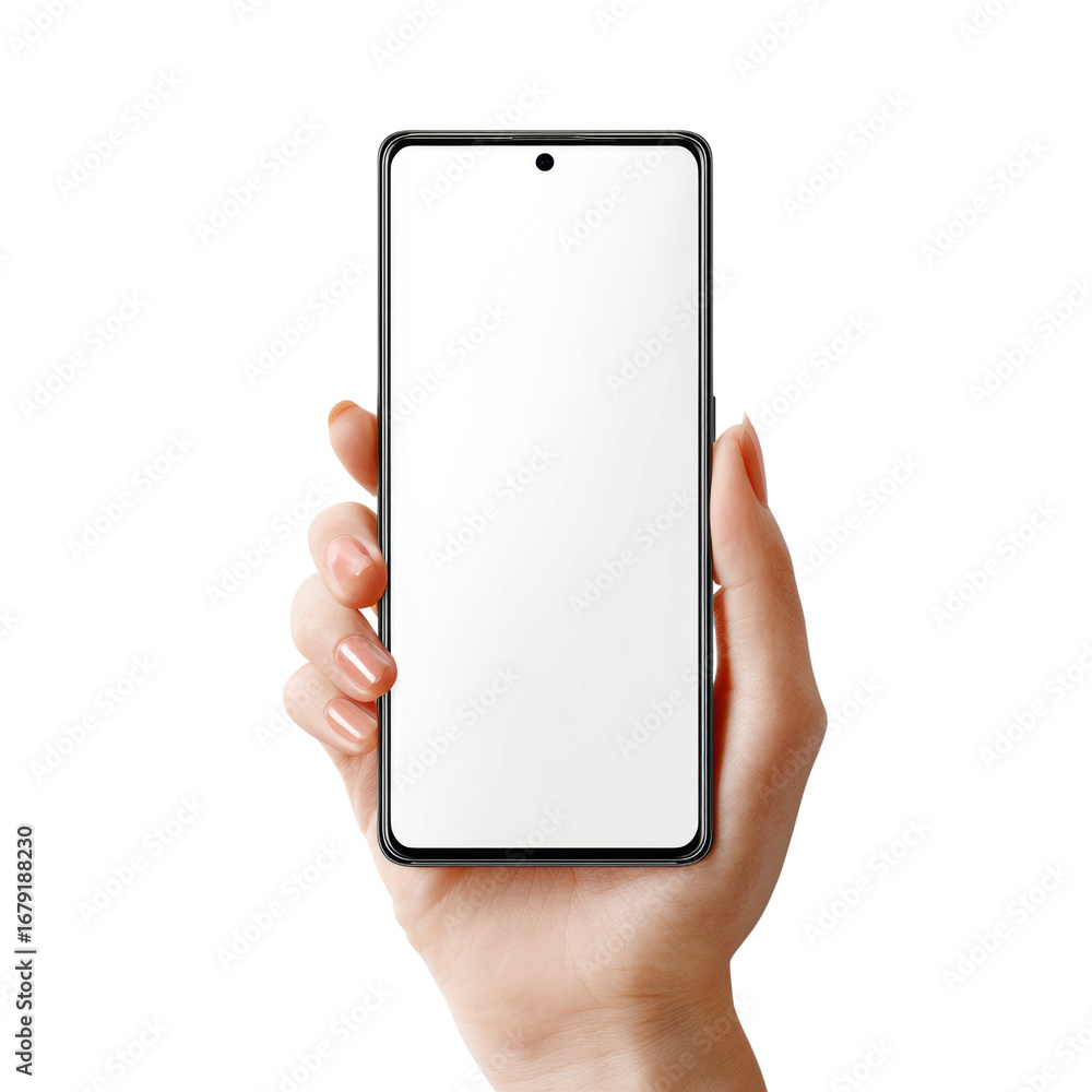 Poster elegant hand displaying modern smartphone with blank screen on transparent background
