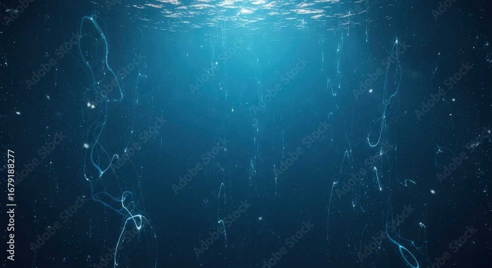 Poster ethereal blue digital glitch loop background with flowing light particles