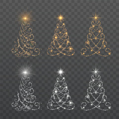 Set of glowing Christmas trees with shimmering shiny spirals and a bright star on top. Vector bright Christmas trees on a transparent background.