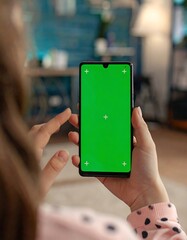 Close-up of hands holding a phone with a green screen