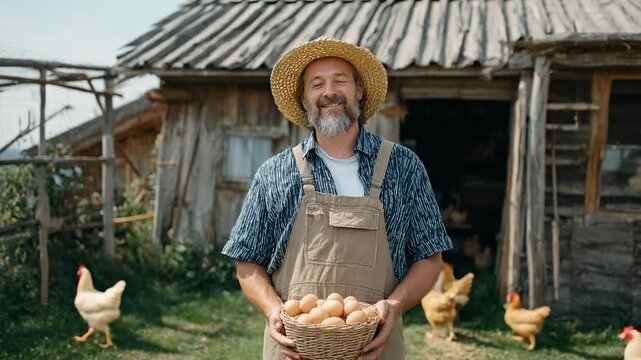 Smiling farmer with straw hat holding fresh eggs in basket in front of rustic wooden barn with chickens