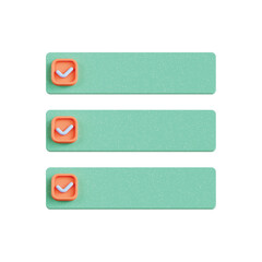 Fototapeta premium Three mint green rectangular buttons with orange checkmark icons representing options or choices vector