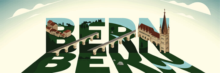 Naklejka premium Bern Switzerland Landmark Illustration with Bridge, Historic Buildings, and River in Modern Flat Vector Art for Travel and Tourism Concepts