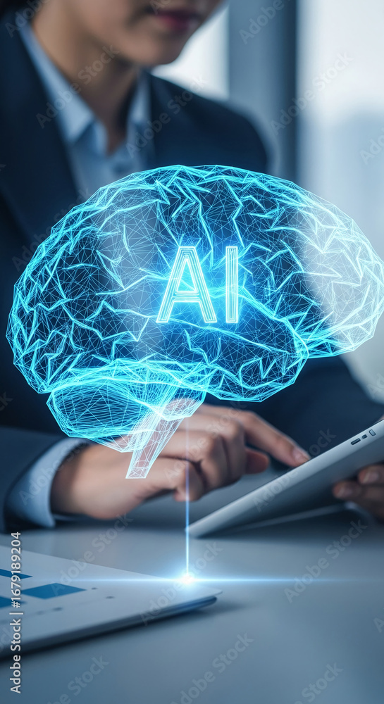 Poster digital brain hologram above tablet, businessperson using device, showcasing ai technology and its i