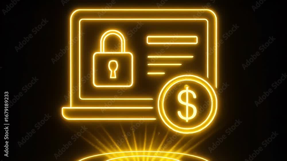 Poster digital security concept: an illuminated neon-style icon with a laptop displaying a lock symbol, mon