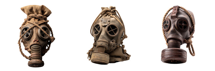 Historical gas masks vintage artifacts isolated on transparent background