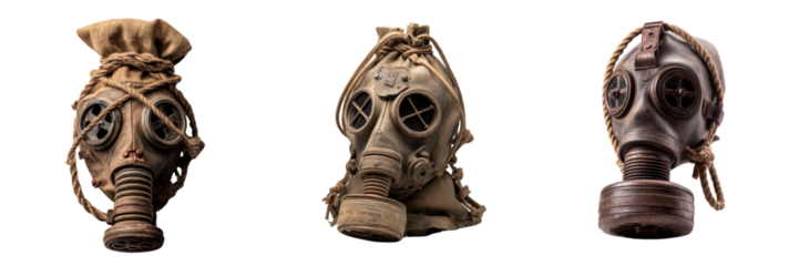 Historical gas masks vintage artifacts isolated on transparent background