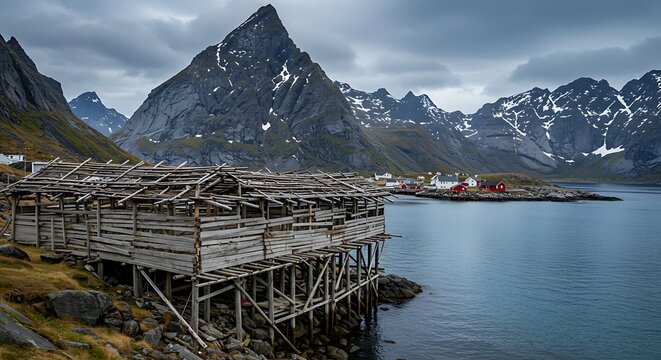 Rustic Wooden Structure on the Water with Majestic Mountains.