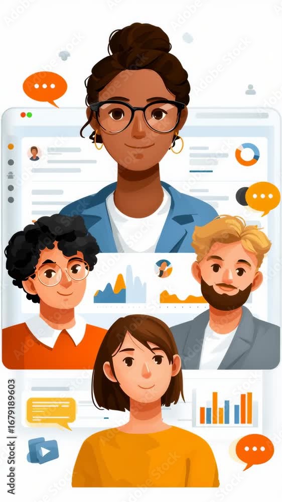 Poster group of diverse individuals actively engaged in a virtual meeting, exchanging ideas and insights. i