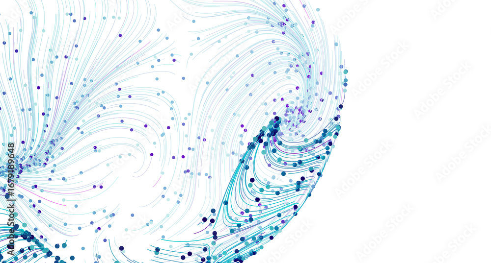 Poster swirling blue lines and dots create an abstract data flow visualization. perfect for tech, ai, or ne