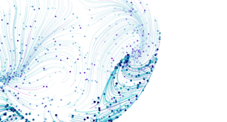 Swirling blue lines and dots create an abstract data flow visualization. Perfect for tech, AI, or network concepts.