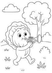 coloring book page of a cabbage playing trumpet outside.