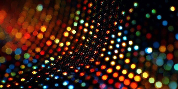 Dise&ntilde;o digital de una red de puntos brillantes que crea un efecto lum&iacute;nico colorido en un fondo oscuro