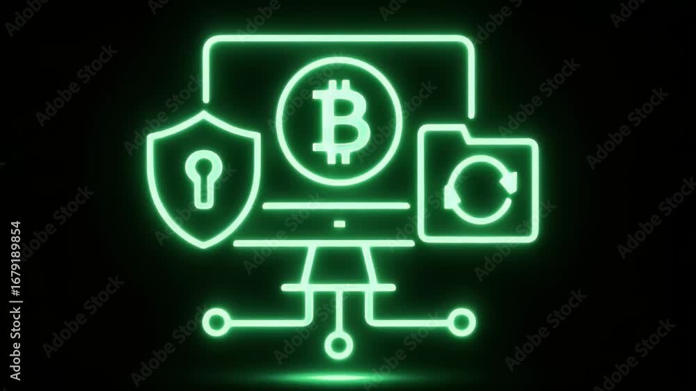 Poster digital fortress: a glowing neon graphic captures the essence of secure cryptocurrency transactions,