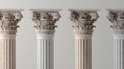 Obraz premium Five elegant stone columns in classical style, plain neutral background, detailed fluting and ornate capitals highlighted by soft natural light