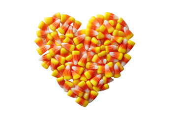 Heart shape made of candy corn pieces on white isolated on a transparent background sweet