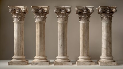 Five evenly spaced stone columns, detailed fluted design, ornate capitals in classical style, neutral wall background softly lit