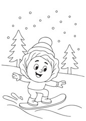 coloring book page of a cabbage snowboarding in winter.