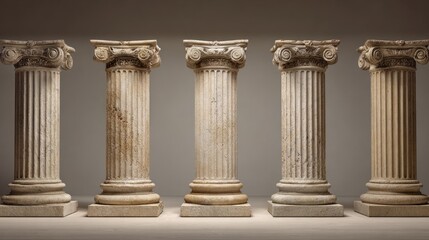 Obraz premium Five stone columns displayed in a row, classical fluted shafts and capitals in symmetry, softly lit neutral background