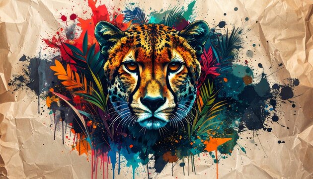 Cheetah portrait, vibrant floral & paint splatter