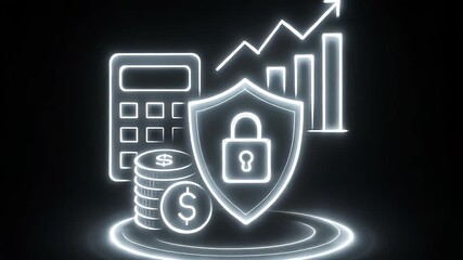 Financial Security Conceptualized: A luminous visual narrative of financial security, featuring key elements like a shield for protection, rising charts for growth, a calculator for analysis.