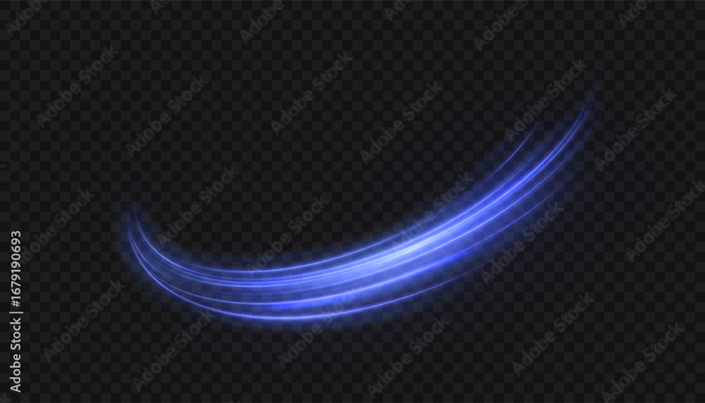 Poster Light swirl trail of bright blue glowing lines with magical light effect. Glow effect for game interface design for dark background.