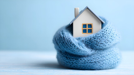 House wrapped in cozy warm scarf symbolizing winter comfort and energy saving