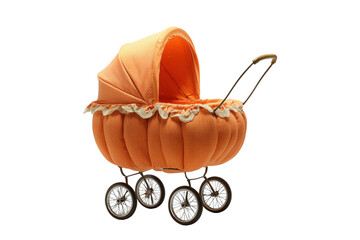 Orange Fabric Baby Stroller with Lace Trim and Metal Wheels isolated on a transparent background carriage