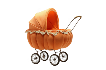Orange Fabric Baby Stroller with Lace Trim and Metal Wheels isolated on a transparent background carriage