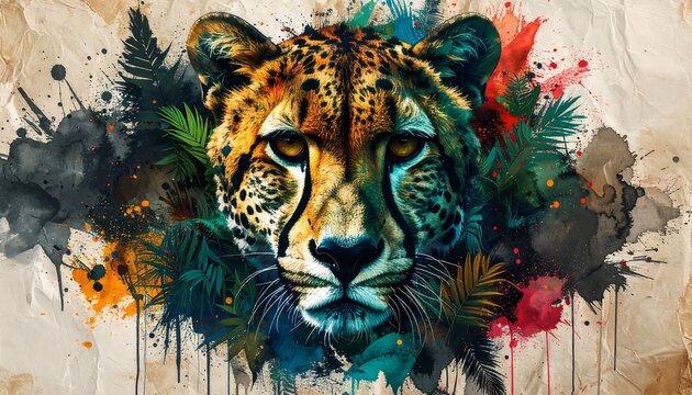 Cheetah portrait, vibrant colors, abstract