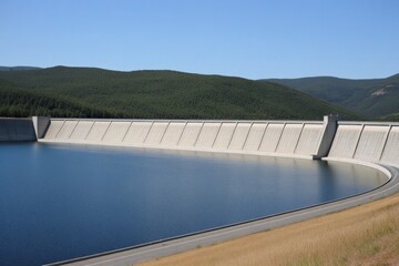 Große Staumauer mit klarem Wasser und Wald im Hintergrund unter blauem Himmel