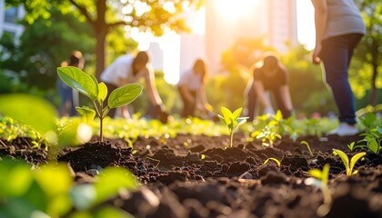 Community planting seedlings in park