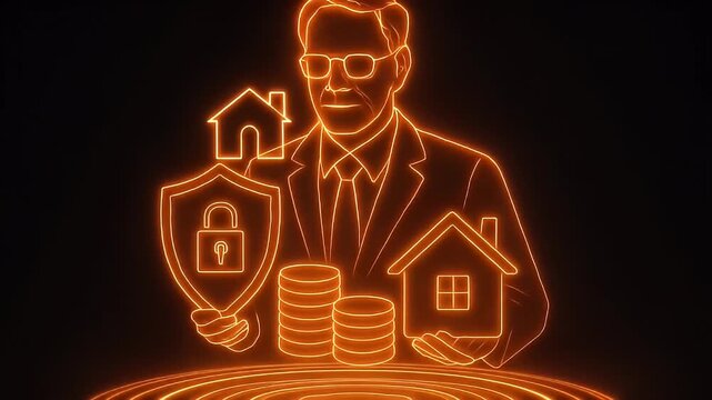Financial Protector: A stylized depiction of a financial professional, radiating security and stability as he safeguards the symbols of wealth and investment.