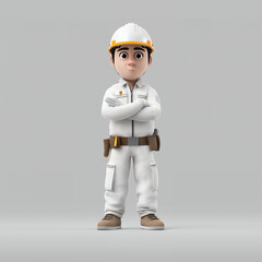 3D Cartoon Character Of Construction Worker In Safety Uniform