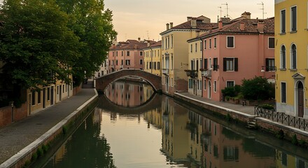 Venetian canal scene with bridge and colorful buildings.