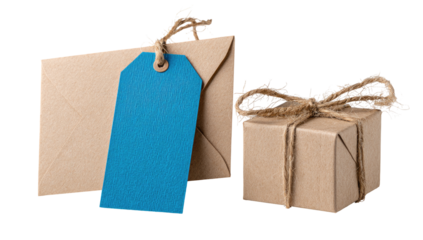 Two packages, one a kraft paper envelope, the other a small box, both tied with twine. A blank blue tag is attached to the envelope