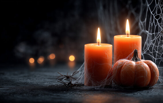 Halloween still life with burning orange candles and pumpkin decorated with spider webs