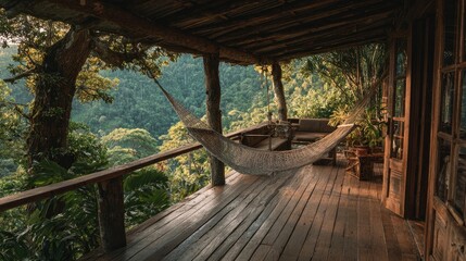 Hammock swaying on wooden terrace of rustic cabin, dense forest greenery visible beyond, creating a serene and natural retreat atmosphere