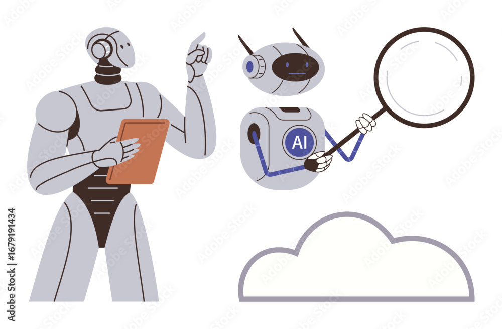 Poster humanoid robot holding tablet gestures toward smaller ai robot using magnifying glass near cloud. id